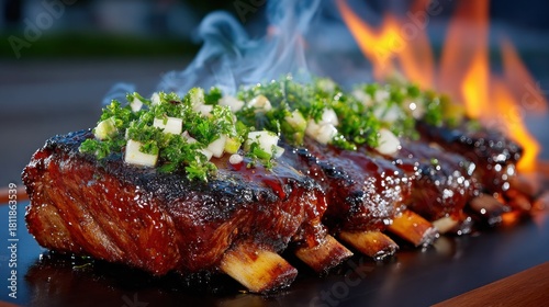 Close-up of barbecued beef ribs, glazed and topped with salsa, flames visible