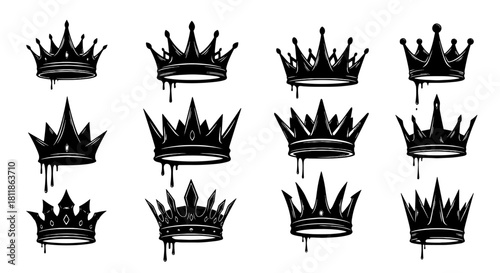 Illustrative Royalty Crown Collection Displayed on White Background, Perfect for Graphic Design Projects and Branding, Representing Power, Leadership, and Status, in Bold Black Color Palettes with Dri