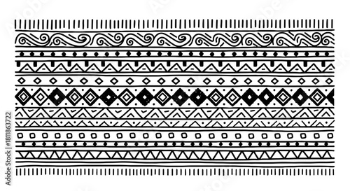 Hand-Drawn Tribal Pattern Design Creating an Ethnic Border for Textile Printing and Fashion Layouts in a Bohemian Style, with an African Inspired Geometric Motif for Decoration and Presentation Projec