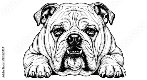 Detailed Bulldog Illustration Lying Down Front View with Intricate Engraving and Hatching,  Domesticated Animal Mascot Relaxing, Veterinary Art, Pet Care, Breed Character Study, Pet Portrait, Veterina