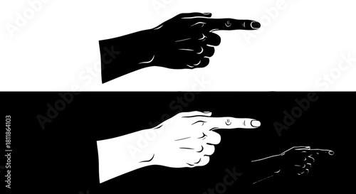 Hand Pointing Silhouette Illustration: Directional Gesture in Black and White Graphic Design on Split Background for Marketing, Advertising & Presentation Explainer Visualization Project, Guidance & N