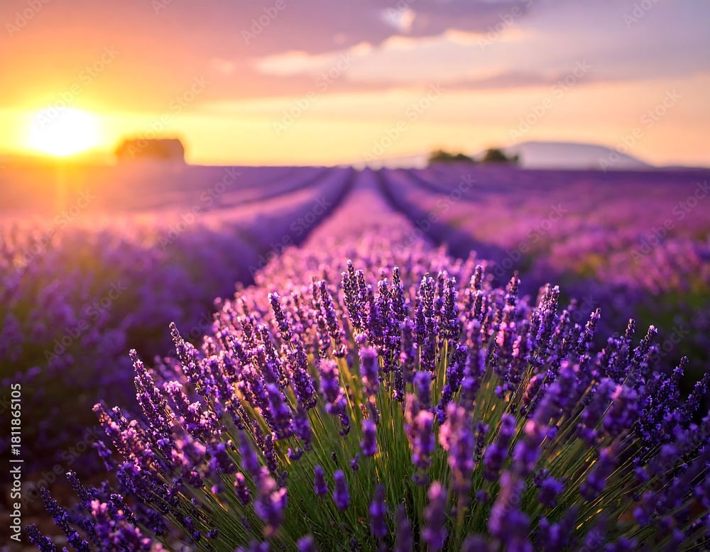 Obraz premium Lavender field in bloom at sunset creates a romantic rural landscape.