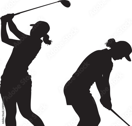 Silhouettes of two women golfers captured mid-swing, showcasing their athletic form against a bright, plain background.