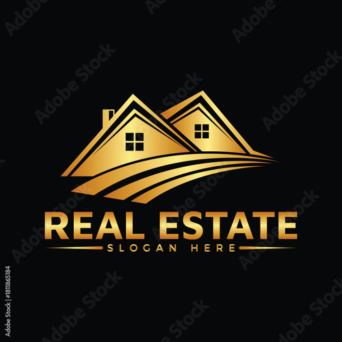 Elegant golden real estate logo design featuring two stylized houses with sweeping lines on a black background, perfect for property business branding