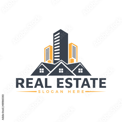 Real estate logo concept combining modern skyscraper silhouette with traditional house roofline, featuring dark blue and yellow accents on white background
