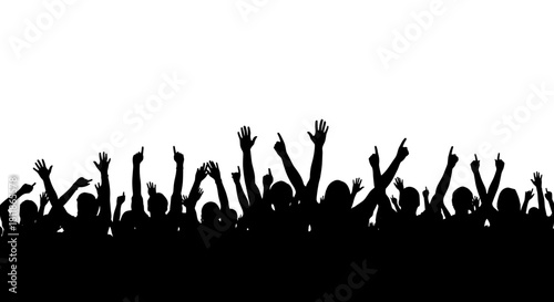 Silhouetted Crowd Cheering at Concert Festival Under White Sky, Celebrating Success, Raising Hands Up in Excitement, Entertainment Event, Gathering, Celebration, Party, Audience, Event, Black and Whit