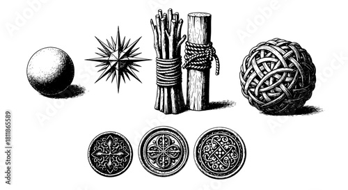 Detailed Engraving of Spheres, Knots and Ornamental Designs: A Collection of Intricate Illustrations for Traditional Crafts, Medieval Art, and Historical Documentation (Detailed Engravings & Intricate