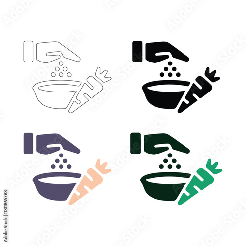 Four styles of icon showing hand pouring seed into bowl next to carrot isolated on white background