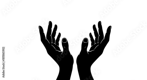 Hands Cupping Golden Heart Shape in Silhouette Against White Backdrop: Holding Love Symbol, Representing Hope, Charity, and Kindness for Valentine's Day, Wedding, and Romance Projects with Elegant Sty