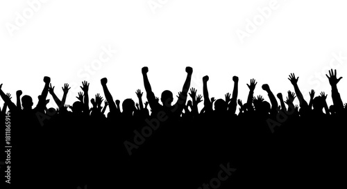 Enthusiastic Crowd Silhouette Celebrating Success at an Outdoor Event, Raising Arms in Joyful Unity at a Concert or Rally. Perfect for Illustrations of Public Gatherings, Demonstrations, Team Celebrat