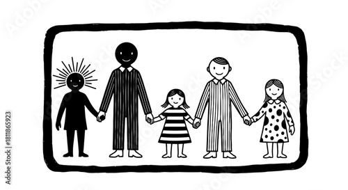 Stylized Diverse Family Holding Hands, Standing Together for Unity and Togetherness in a Framed Portrait, Symbolizing Love and Connection, Suitable for Educational Material, Promoting Inclusivity, Mod