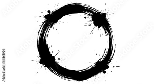 Abstract Enso Circle Painted with Black Ink Splatters - Zen Symbol in Grunge Style for Artistic Design Projects, Meditation Backgrounds and Oriental Concepts - Brushstroke Art for Creativity, Focus an
