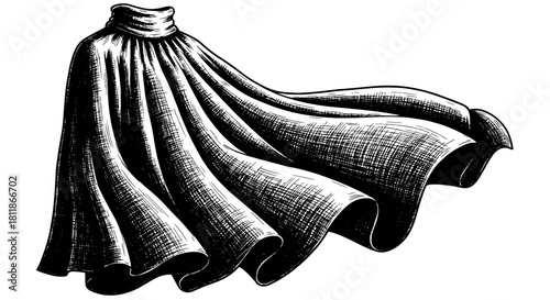 Dramatic Flowing Cape Illustration in Black and White Ink - Fantasy Garment for Theatrical Costume Design, Gothic Fashion, and Cosplay Visuals, Adding a Mysterious Flair to Art Projects, Providing a V