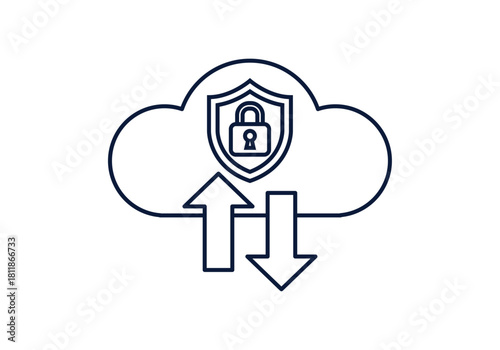 Ilustración vectorial de icono de nube con escudo y candado central y flechas de subida y descarga de datos