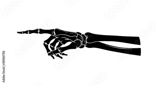 Human Skeleton Hand Pointing Illustration, Halloween Concept, Isolated on White Background, Black Silhouette, Anatomy Art for Medical Illustration, Graphic Design, Education, Forensics, Death Concept,