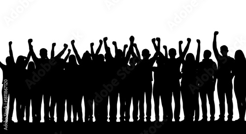 Silhouetted Crowd Protesting with Raised Fists in Solidarity Against Injustice, Demonstrating for Human Rights & Social Change at Rally, Representing Activism and Revolution for Websites or Social Med