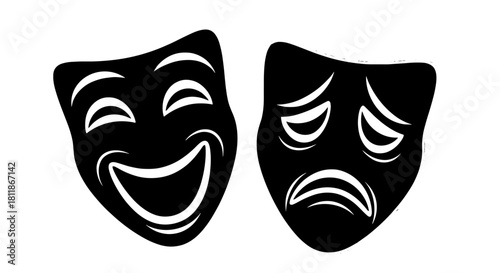Dramatic Theater Masks Representing Duality of Emotions on White Background Depicting Comedy and Tragedy for Entertainment, Performing Arts, Culture and Artistic Expression in Presentations and Market