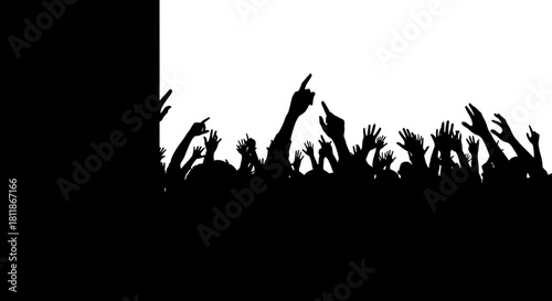 Enthusiastic Crowd Silhouette Raising Hands in Celebration Against a Two-Tone Backdrop of Red and White, Showing Unity and Support at a Rally or Event, Representing Diverse People Protesting for Socia