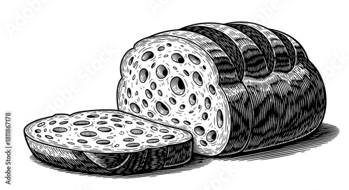 Artisanal Sourdough Bread Loaf with Slice on White Backdrop Showcasing Grain Texture, Fermented Baking for Culinary Illustrations, Rustic Kitchen Display, Food Blog Headers, Restaurant Menu Designs, E