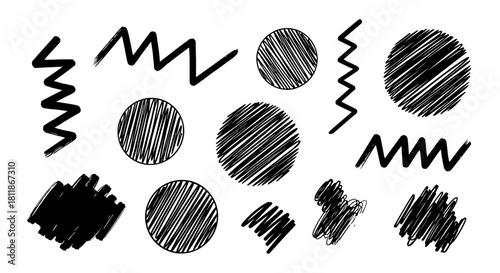 Abstract Scribble Brushstrokes on White: Doodle Style Hand Drawn Circles and Zigzags for Graphic Design, Backgrounds, and Creative Projects. Artistic Black and White Elements for Presentations and Bra