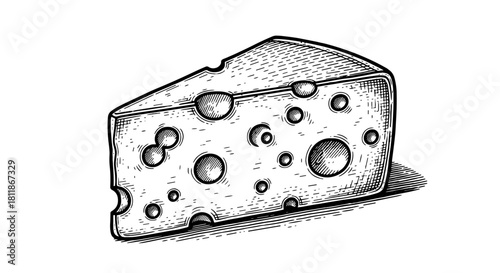 Emmental Cheese Wedge Illustration: A Detailed Engraving of a Dairy Staple, Perfect for Menus, Recipes & Food Industry Designs, Ideal for Nutritional Information, Traditional & Modern Culinary Concept