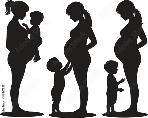 Pregnant mother silhouette with child and baby, family love concept, motherhood illustration, parenting design, cad drawing flat vector illustration