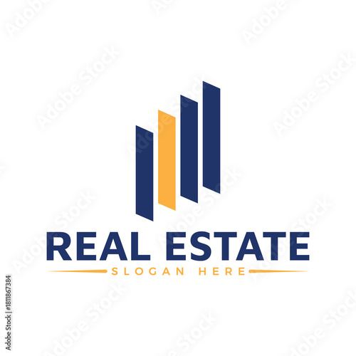 Modern real estate logo design with ascending bar graph concept in blue and yellow colors, isolated on white background