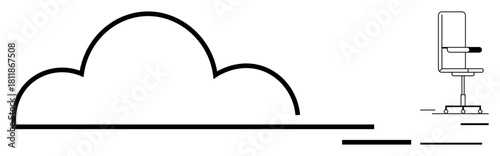 Simplistic outline of a cloud and an office chair with linear elements. Ideal for cloud computing, digital work, remote collaboration, minimal design, modern workspace, technology, simple flat