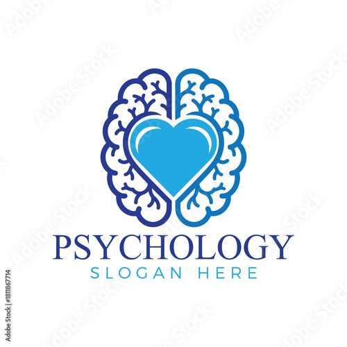 Psychology logo design featuring a stylized brain outline with a heart shape inside, symbolizing mental health and emotional balance, isolated on white background