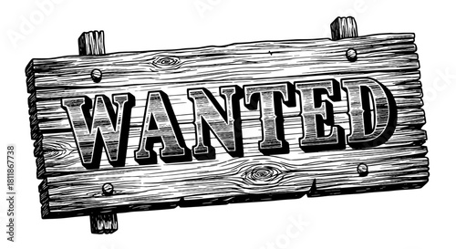 Distressed Wooden Wanted Poster: Western-Themed Sign for Outlaw Announcement in Old West Setting, Great for Event Promotion, Law Enforcement Presentation, or Vintage Advertising with Rustic Charm, Gra