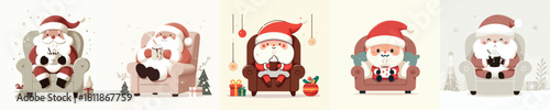 Santa Claus sits back and drinks hot chocolate. Vektor, design, minimalist, illustrations, set icon