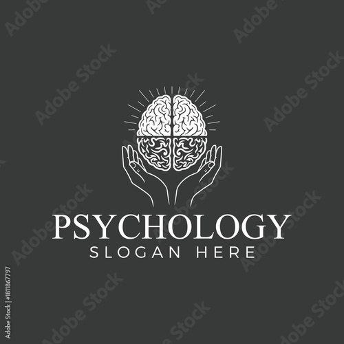 Minimalist white line art logo design featuring a human brain held by cupped hands above the word psychology on a dark gray background for mental health or therapy