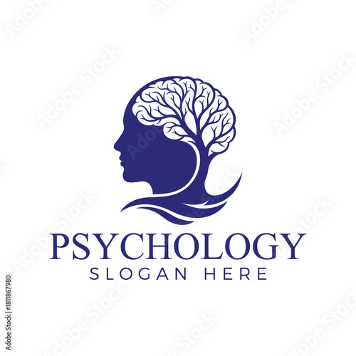 Creative blue silhouette logo featuring a human head profile with a tree growing inside the brain area above the word psychology, isolated on white background