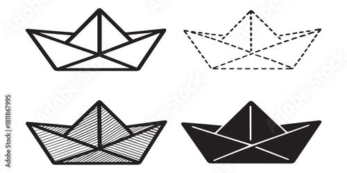Four paper boat illustrations: outline, dotted, shaded, and solid black.