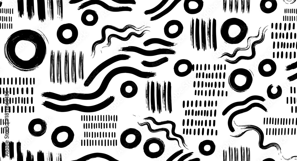 Obraz premium Abstract Brushstroke Pattern Design, Hand-Painted Black Ink Splatter on Cream Background for Modern Art Projects, Surface Designs, and Creative Packaging. Textile Backdrop, Graphic Elements, Stylish T