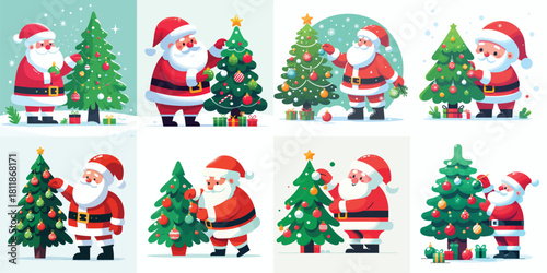 Santa Claus puts ornaments on a small pine tree. Vektor, design, minimalist, illustrations, set icon