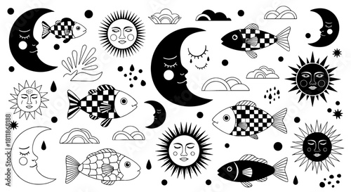 Celestial Harmony: Mystical Sun, Moon and Fish Pattern Artwork Displaying Dreamlike Creatures Floating in Night Sky Illustration for Spiritual Designs and Themed Backgrounds - Featuring Lunar, Solar,