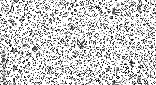 Energetic Celebration Doodle Pattern with Stars, Hearts, and Swirls on White Background: Festive Abstract Design for Party Invitations, Celebratory Events, Playful Graphics, Youthful Designs, Textile