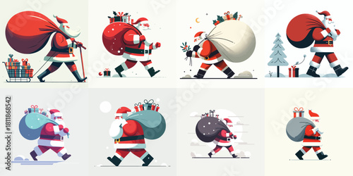 Santa Claus walks while carrying a large sack of gifts on his back. Vektor, design, minimalist, illustrations, set icon