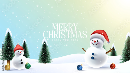 Merry Christmas wish snowy background. Snowdrifts. Snowfall Cold weather. Winter season with 3D cheerful snowman and baby snowman.