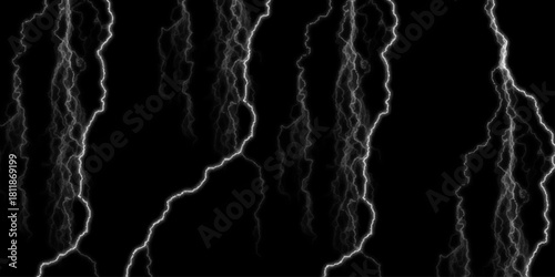 Dramatic Electric Lightning Strikes Abstract Pattern on Black Background. Lightning Effect Overlay, Isolated Electric Thunderstorm Bolt Strikes on Dark Night Sky Background.	