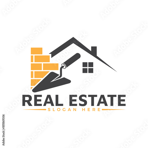 Real estate logo design incorporating a trowel and brick wall element with a house silhouette, isolated on white background