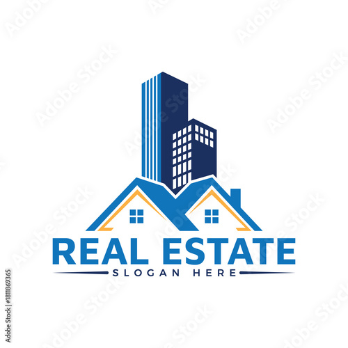 Real estate logo combining modern city skyscraper silhouette with residential house roofline, blue color scheme, isolated on white background