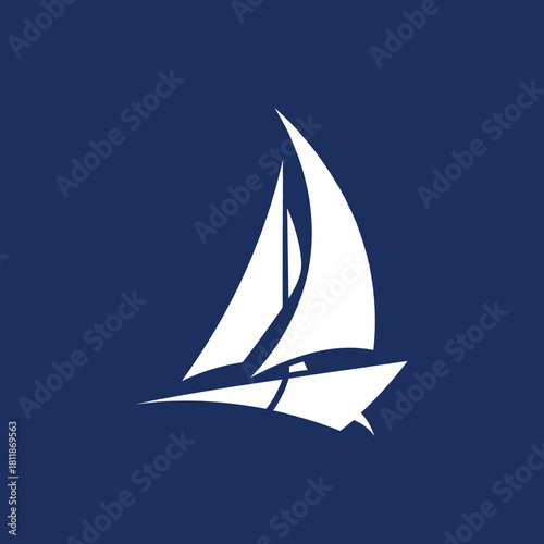 Minimalist white silhouette of a sailboat with full sails on a solid deep blue background, representing nautical travel and maritime adventure