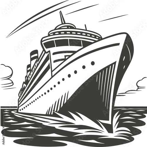 Dramatic illustration of a large cruise ship sailing on the ocean