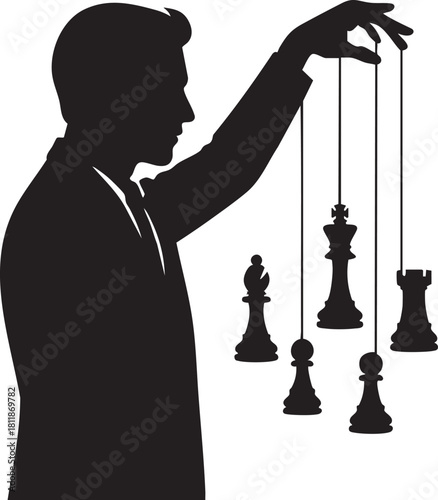 Man controlling floating chess pieces silhouette vector