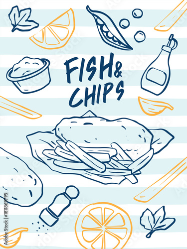 Hand drawn Fish and chips recipe and ingredients doodle illustration