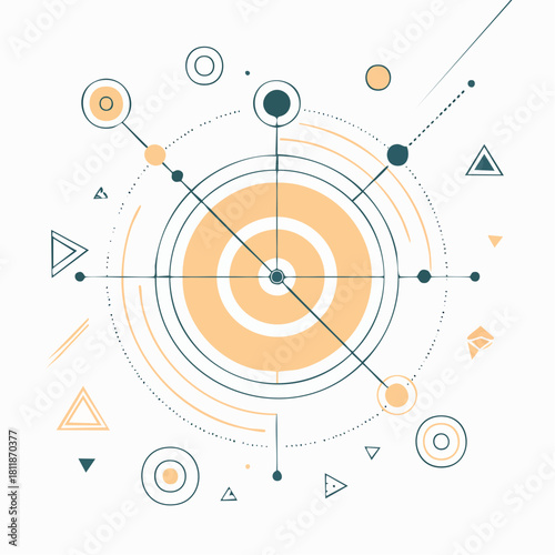 Abstract geometric design with interconnected lines, circles, and shapes, creating a complex technological network or futuristic digital system visualization