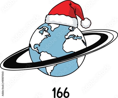 Cartoon illustration of planet Earth with Saturn-like rings wearing a red Santa hat above the number 166.