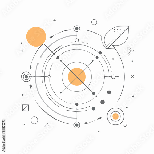 Minimalist scientific diagram representing green innovation and sustainable technology with orbital paths and natural elements